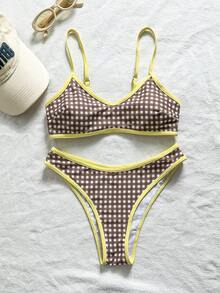 Swim Mod Bộ bikini đồ bơi nữ, họa tiết kẻ caro retro chấm bi, áo ngực tích hợp, thích hợp cho kỳ nghỉ phong cách Boho, Bohemian, trang phục tập gym, phong cách Y2K cổ điển, giản dị, dễ thương, ngọt ngào, retro, đồ bơi nữ mùa xuân hè, trang phục đi biển, trang phục thời trang, trang phục ngày Quốc khánh 4 tháng 7, đồ đi biển. - màu nâu - Xem 4