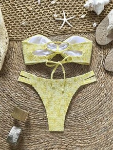 Swim Mod 花卉叶子印花绿色钩针编织可爱优雅复古休闲沙滩度假女士泳装套装 - 黃色 - 查看 2