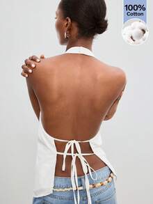 Maija White Summer Chic Women's Halter Neck Backless Tie Strap Top, Casual Basic Sexy Relaxed Fit Night Out Golf, Modest Urban Holiday Festival Vacation - White - View 7