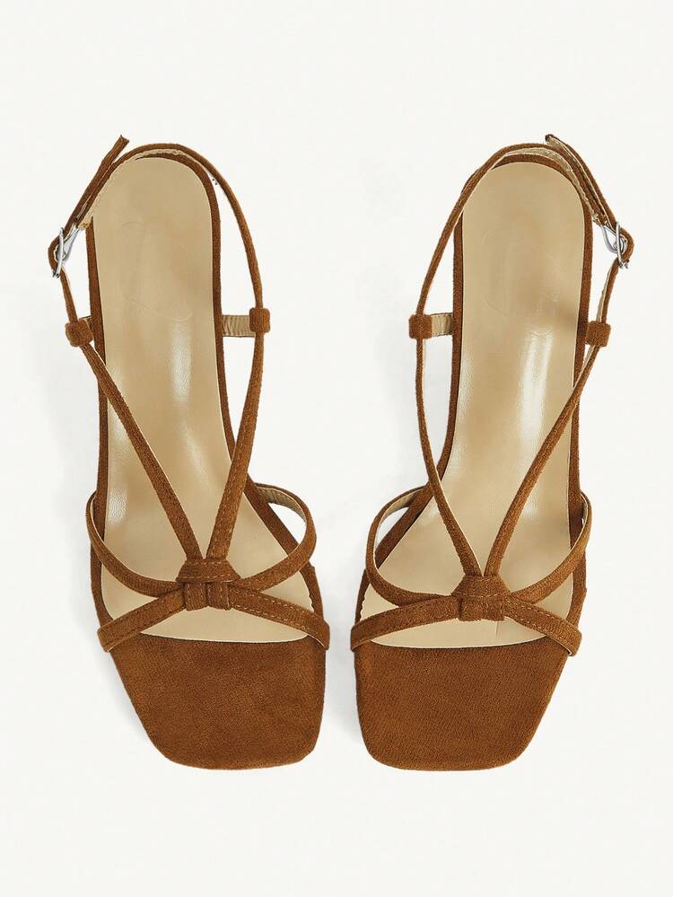 CUCCOO CHICEST Women's Shoes Cross Strap Open-Toed Square Toe Stiletto Fashion Commuter Coffee Brown Suede High Heels Sandals Dating Afternoon Tea
