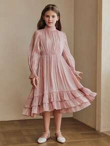 Anewsta Elegant långärmad kakklänning med hög krage för flickor, fransk retro veckad, texturerad flerskiktad volangfåll i rosa - Rosa - Visa 1