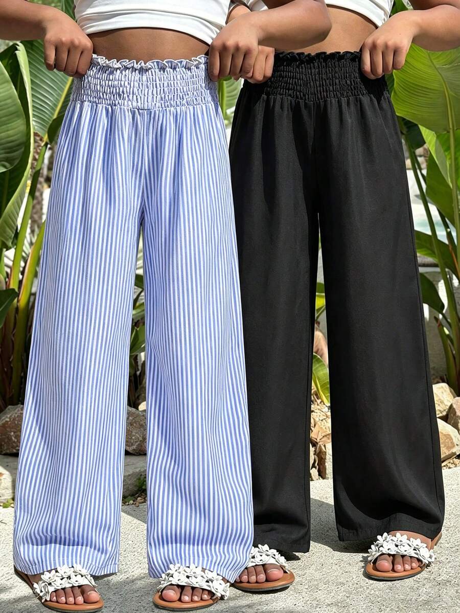 Sparklyn 2 piezas Pantalones holgados con pierna acampanada para niñas, casuales, para vacaciones, playa, campo y uso diario - Multicolor - Ver 1