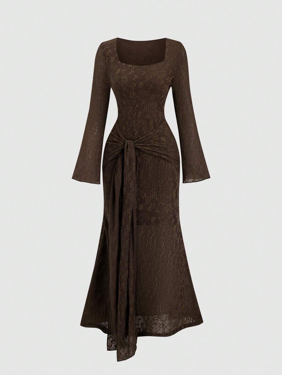 Sweetra Vestido de manga larga con cuello cuadrado de unicolor, nuevo vestido sexy con cordones de primavera/otoño - Café integral - Ver 1