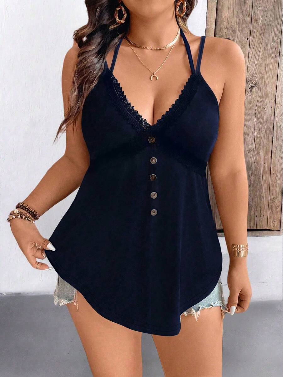 EMERY ROSE Plus Size Solid Color Lace Trim Casual Backless Camisole - Navy Blue - View 1