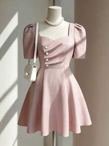 Endroma Vestido mini asimétrico de línea A con botones de cristal rosa pastel, diseño francés elegante, versátil para vacaciones y uso diario - Rosa - Ver 5