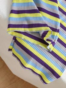 Elladie kids Young Girls Colorful Textured Striped T-Shirt & Flare Pants 2-Piece Set,Knitted Short Sleeve Round Neck Top,Casual Summer Wear,Family Matching - Multicolor - View 6