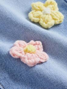 SHEIN 女嬰時尚雪花水洗破洞刺繡喇叭牛仔褲，花卉設計，適合春夏，休閒百搭，適用日常穿著、街頭風、節慶與優雅畢業場合 - 淺色水洗藍 - 查看 2