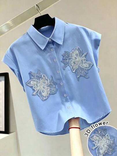 Franclia Women's Embroidered Sequin Single-Breasted Casual Versatile Daily Wear Shirt