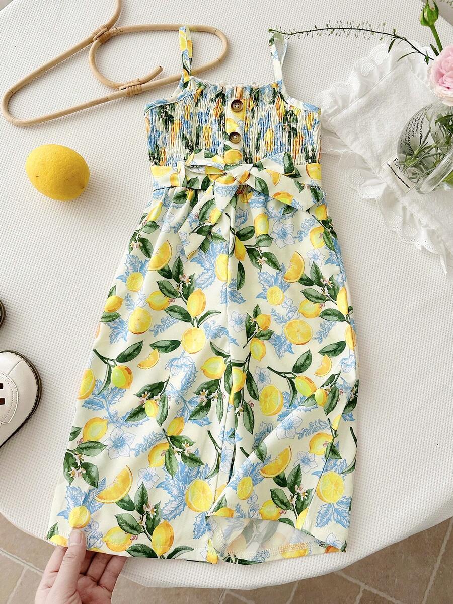 SHEIN Bộ áo liền quần dáng rộng in hình chanh cho bé gái đi nghỉ mát - Nhiều màu - Xem 1
