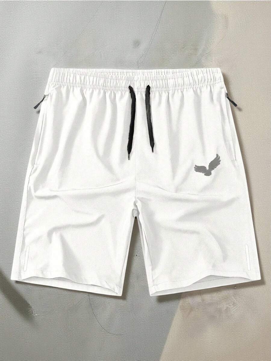 Manfinity Homme Pantalones cortos casuales con estampado de águila y cordón en la cintura para hombres - Blanco - Ver 1