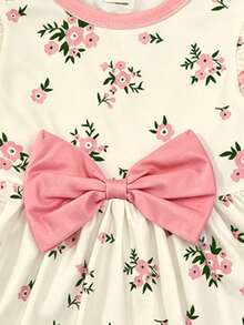 SHEIN Vestido de manga larga con estampado floral, lazo y dibujos animados, elegante para otoño/invierno para niña bebé - Multicolor - Ver 5