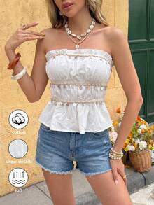 Elyressa Top bandeau con volantes de unicolor para vacaciones - Blanco - Ver 3