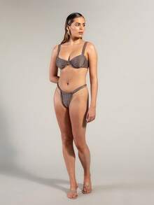 Rouah Top de bikini ajustable con pliegues de color gris plateado metálico para mujer, adecuado para vacaciones de verano, playa y piscina - Bottom a juego disponible - Marrón - Ver 2