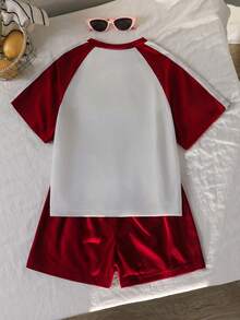 SHEIN Bộ áo thun tay ngắn phối màu và quần short cho bé gái tuổi teen, màu trắng và đỏ, mùa hè, thường ngày, đi học, tựu trường, phong cách thể thao, dáng rộng vừa vặn - Nhiều màu - Xem 2