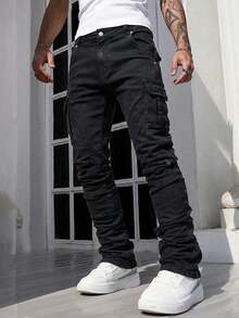 ROMWE MEN Street Life Quần jeans nam có túi bên hông, phong cách Grunge - màu đen - Xem 3