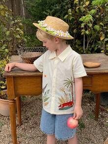 Dazy Kids Young Boy Botanical Print Short Sleeve Button-Down Shirt - Beige - View 4
