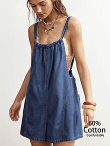 Bohemela Jumpsuit Denim Tenun Warna Polos Kasual Wanita Tanpa Punggung - Putih - View 7