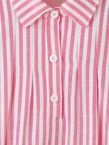 SHEIN Elladie kids Đầm cotton hồng kẻ sọc cho bé gái, điểm nhấn là nơ hồng ngoại cỡ, tay phồng ngắn, cổ Peter Pan, kiểu dáng thường ngày, thích hợp cho kỳ nghỉ, mặc hàng ngày. - Hồng - Xem 9