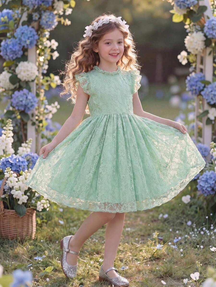 Elladie kids 少女薄荷绿蕾丝优雅连衣裙,适合庆典、度假和日常穿着,春夏款 - 綠色 - View 1