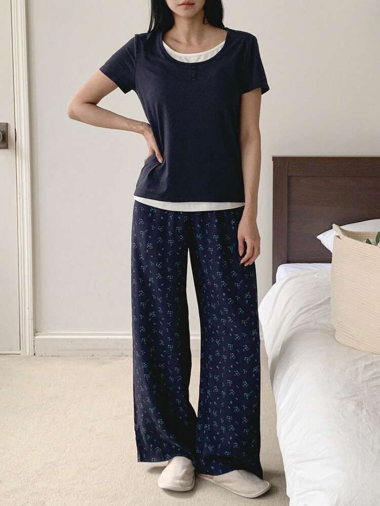 Women's Contrast Color Round Neck Short Sleeve Top And All-Over Allover Print Pants Pajama Set