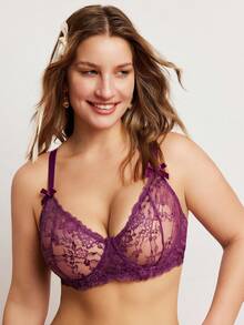 Elorette Plus Size Women Lace Bow Decor Wireless Bra - Purple - View 3