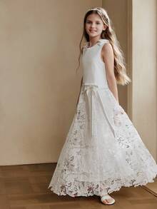 Anewsta Vestido de verano para niñas con chaleco blanco de unicolor con parches de encaje y lazo - Blanco - Ver 5
