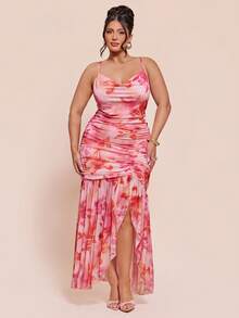 SHEIN BAE Plus Size Women's Pink Floral Floral Elegant Cami Dress,Summer Ruffle Long Party Vacation Dresses,Wedding Guest,Birthday,Graduation Ceremony Outfits - Pink - View 6