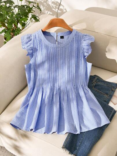 CosyJoli Women's Casual Vacation Striped Blouse, Loose Fit Ruffle Sleeve Shirt, Blue & White, Round Neck, Spring/Summer