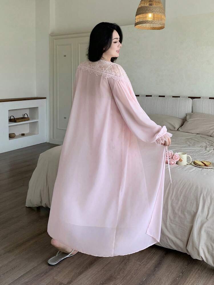 Dazy Plus 2pcs Elegant Ditsy Floral Nightgown Set, Includes Long Slip Dress & Loose Satin Cardigan, Pink Pajamas Suit