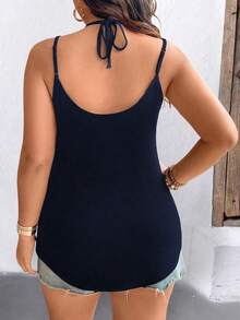 EMERY ROSE Plus Size Solid Color Lace Trim Casual Backless Camisole - Navy Blue - View 2