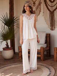 Lullawish Bộ đồ ngủ nữ phong cách Bohemian dáng rộng, cổ chữ V, ren khoét lỗ. - trắng - Xem 5