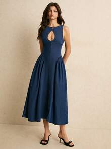 Poéselle Women's Cutout Ruched Waist Elegant Denim Dress, Suitable For Party And Outings - Medium Wash - View 4