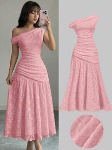 SHEIN Teen Girl/Teen Girls Lace Trim Ruched Shoulder Elegant Long Dress, Suitable For Commuting And Formal Occasions - Pink - View 3