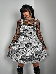 Whyspr THE POWERPUFF GIRLS X SHEIN Women's Summer Black & White Policewoman Cartoon Print Vintage Casual Vacation Street Style Sexy Sweet Slimming Strap Fashion Elegant Retro Dress - Black and White - View 1