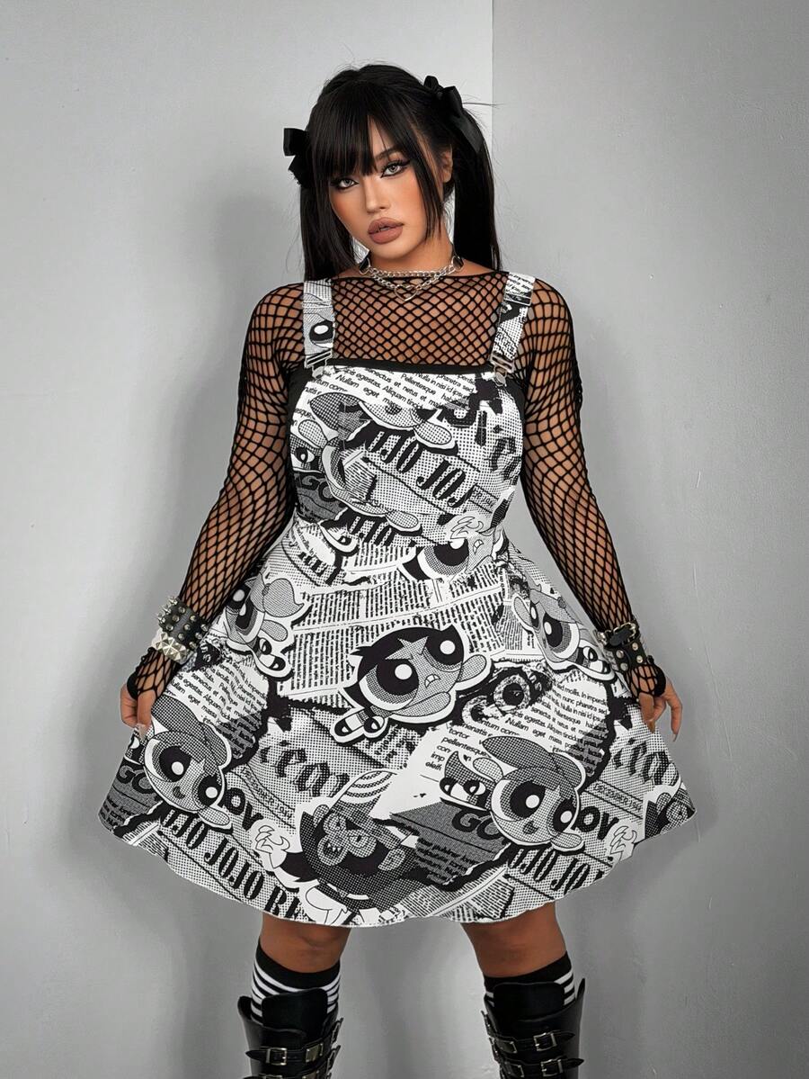 Whyspr THE POWERPUFF GIRLS X SHEIN Women's Summer Black & White Policewoman Cartoon Print Vintage Casual Vacation Street Style Sexy Sweet Slimming Strap Fashion Elegant Retro Dress - Black and White - View 1