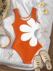 SHEIN Tween Girls' Orange & White Colorblock Floral Patchwork One-Piece Swimsuit, Cute Casual Vacation Beach Outfit - Orange - View 2