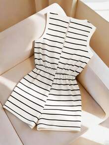Everyssa Mono de mujer versátil y casual con cuello redondo y rayas, con nudo - Blanco - Ver 2