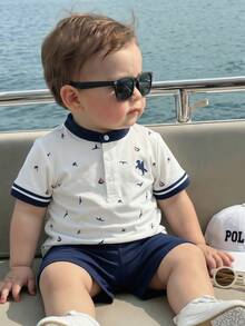 SHEIN 2pcs Baby/Baby Boy Casual Cute Vacation Style Short Sleeve Polo Shirt And Shorts Set, Baby Boy Outfit Sets, Baby Boy Summer Clothes - Navy Blue - View 1