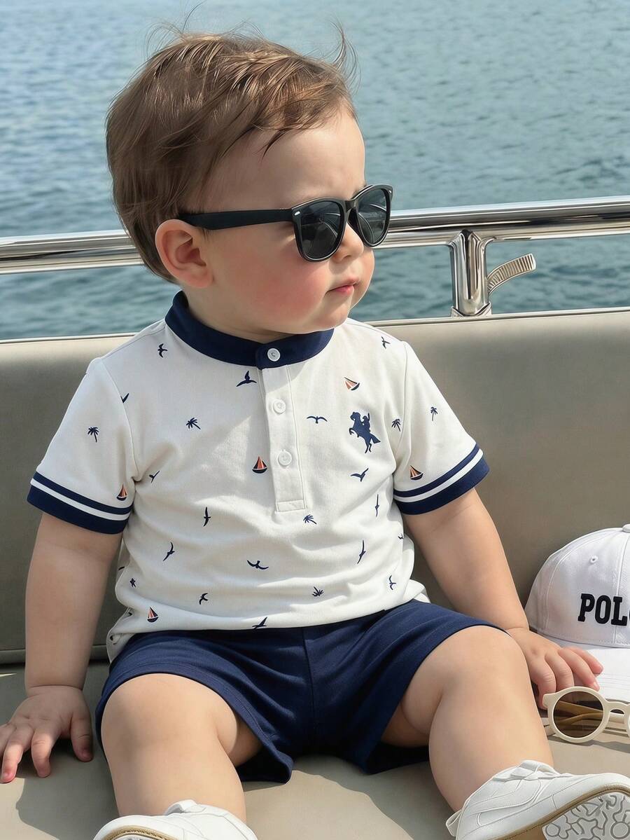 SHEIN 2pcs Baby/Baby Boy Casual Cute Vacation Style Short Sleeve Polo Shirt And Shorts Set, Baby Boy Outfit Sets, Baby Boy Summer Clothes - Navy Blue - View 1
