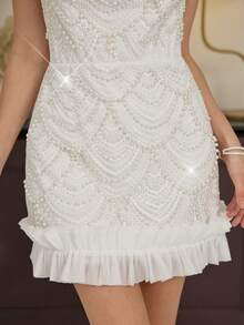 Poshira Elegant Mini Round Neck Dress,Water-Soluble Floral Pearl Design,Ruffled Hem For Birthday,Graduation,Cocktail Party,Music Festival,Spring/Summer Style - White - View 7