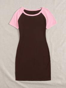 SHEIN EZwear Vestido ajustado de manga corta con contraste de color para tallas grandes - Marrón Chocolate - Ver 4