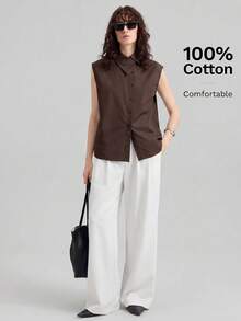 Ontre Women's Coffee Brown Summer Top,Effortless Chic Stockholm Style Casual Loose Sleeveless Button Shirt,Elegant Sophisticated Office Wear - Brown - View 5