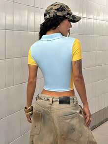 StreetHx Women's Color Block Print Short Sleeve Polo Shirt Daytime Blue And Yellow Striped Summer Streetwear Y2k Going Out - Multicolor - View 2