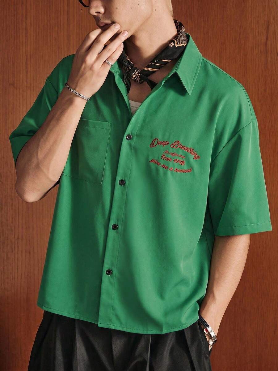 SWAVVY Men's Casual Letter Embroidered Shirt, Summer - Green - View 1