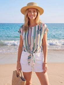 SHEIN LUNE Knot Hem Striped Top - Multicolor - View 4