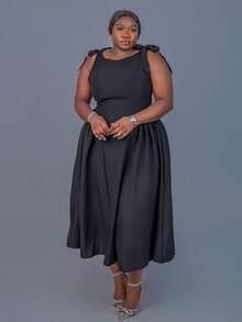 CurvyTilda Plus Size Crew Neck Sleeveless Bow Decor Waist Flare Hem Black Casual Christmas Dress, For Hourglass Body Shape - Black - View 4