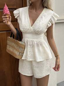 Lucivie Women's Elegant White Summer Tea Party Short Set,Lace Texture V Neck Flutter Sleeve Peplum Top And Shorts,Casual Vacation Ready Beach Resort Outfits - Apricot - View 10