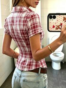 INAWLY Women's Polo Collar Short Sleeve Fitted Shirt - Burgundy - View 2