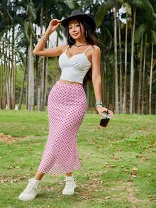 SHEIN EZwear 粉色波点网纱透视长款美人鱼裙 - 粉色 - 查看 4