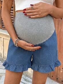 SHEIN 孕妇撞色荷叶边宽松牛仔短裤，夏季嘉年华服装，通勤度假毕业时尚Y2K可爱街头风，性感派对婚礼优雅商务休闲女士商务海滩毕业舒适孕妇牛仔短裤，罗纹腰带和时尚荷叶边裤脚，专为准妈妈设计 - 藍色 - 查看 7